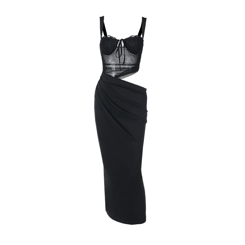 Damen elegantes Maxikleid mit transparentem Oberteil und raffinierten Drapierungen Drune
