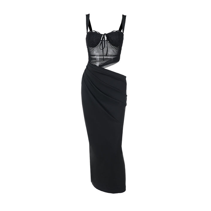 Damen elegantes Maxikleid mit transparentem Oberteil und raffinierten Drapierungen Drune