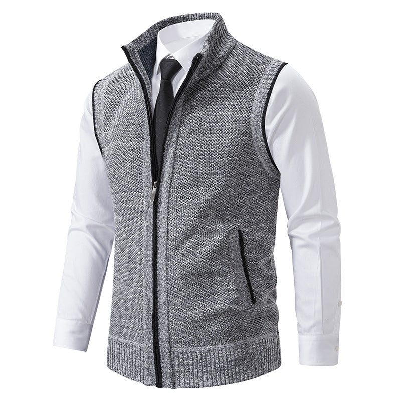 Herren Slim-Fit Ärmellose Strukturstrickweste mit Stehkragen und Frontreißverschluss Drune