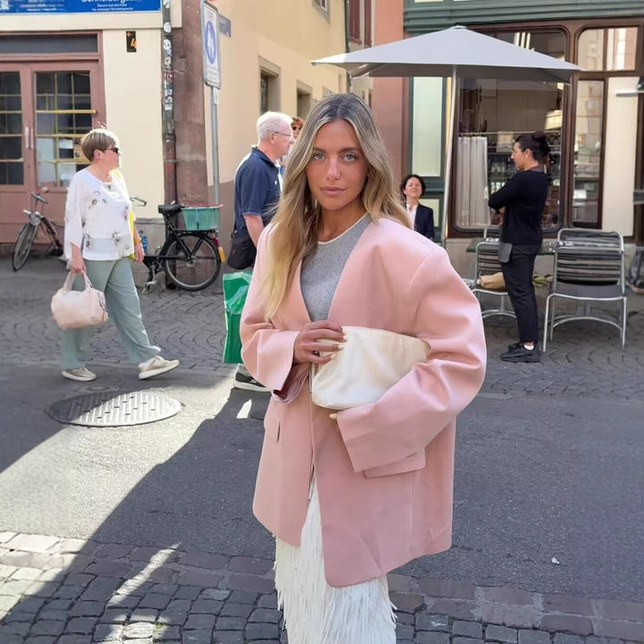 Damen Eleganter Oversized Blazer mit V-Ausschnitt und Taschen Drune