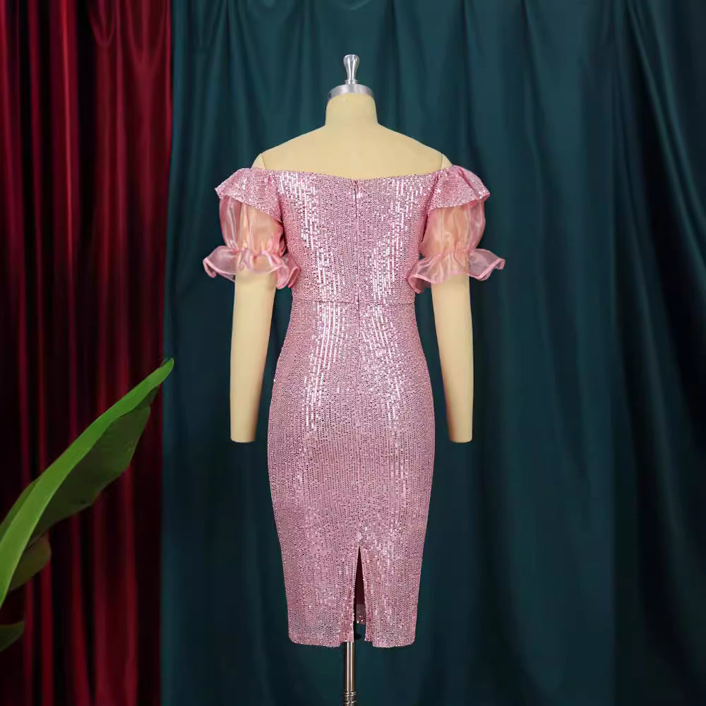 Damen glamouröses Abendkleid mit Glitzer und transparenten Puffärmeln Drune