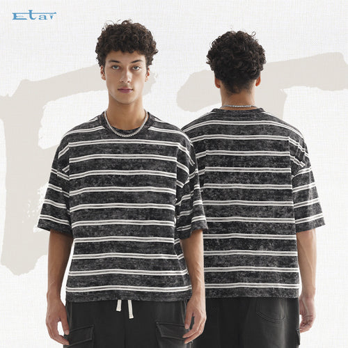 Herren Oversize Kurzarmshirt im verwaschenen Used-Look mit Blockstreifen Drune