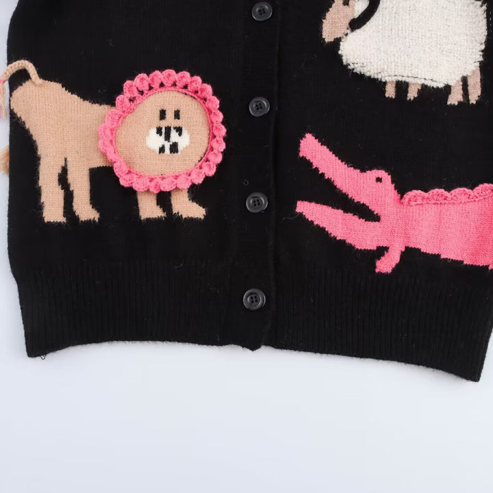 Damen Strickcardigan mit verspielten Tierintarsien und 3D‑Applikationen Drune