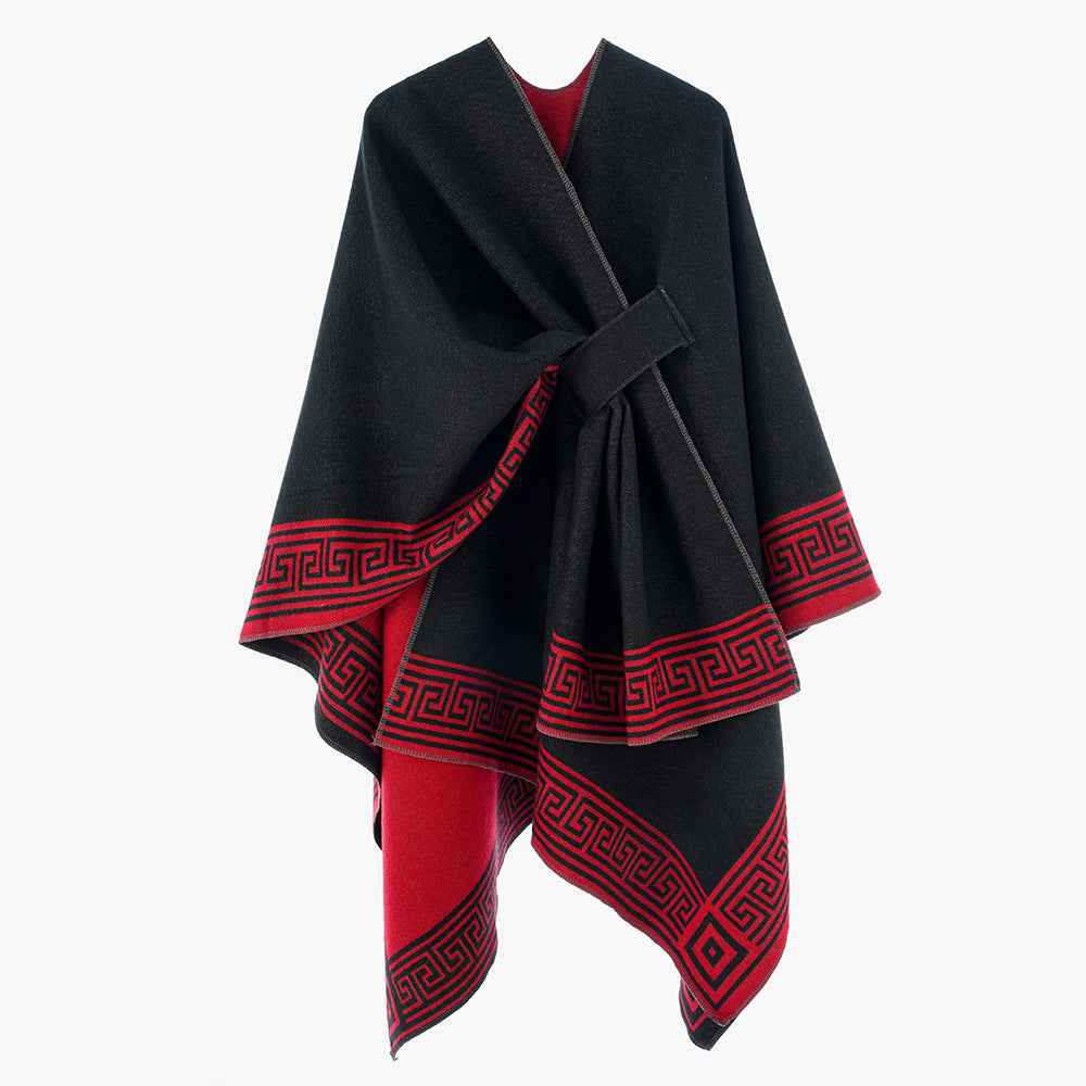 Damen Cape-Umhang aus Wollmix, reversibel mit Bindegürtel und Mäanderbordüre Drune