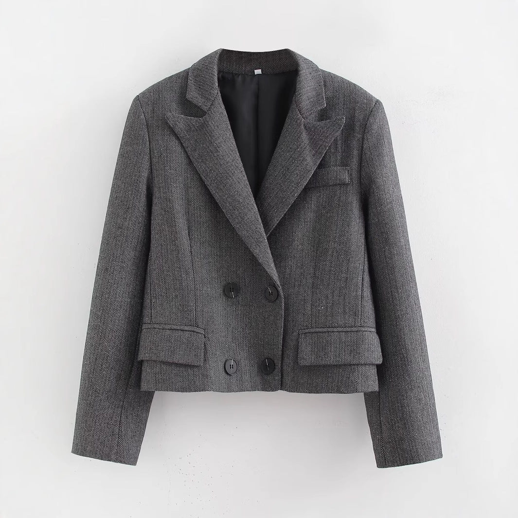 Damen Kurzgeschnittener doppelreihiger Blazer im Fischgrätmuster Drune