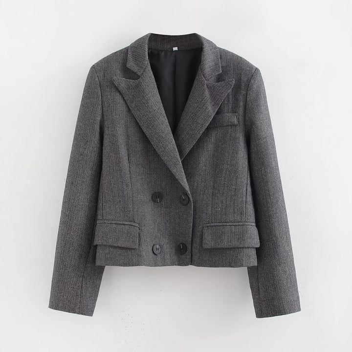 Damen Kurzgeschnittener doppelreihiger Blazer im Fischgrätmuster Drune