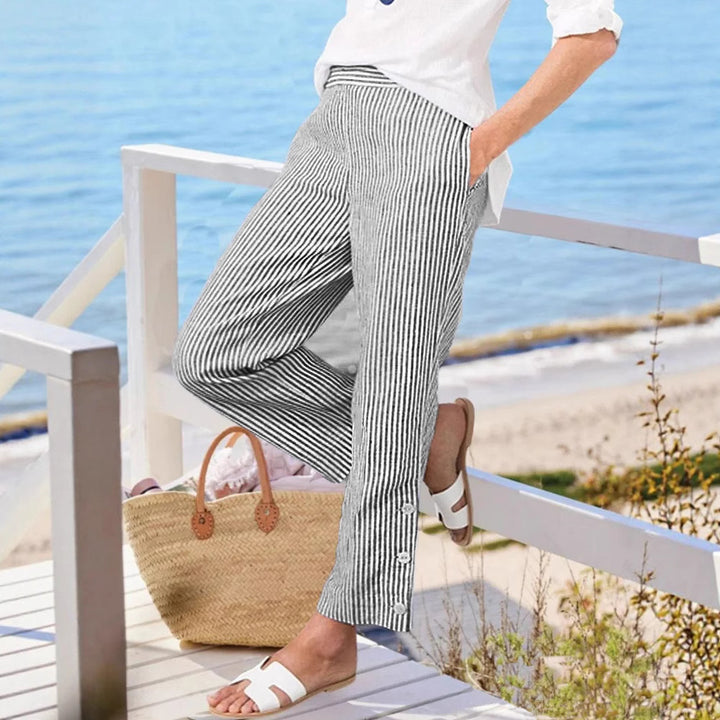 Damen Streifen-Langhose mit Knopfdetails und seitlichen Taschen Drune