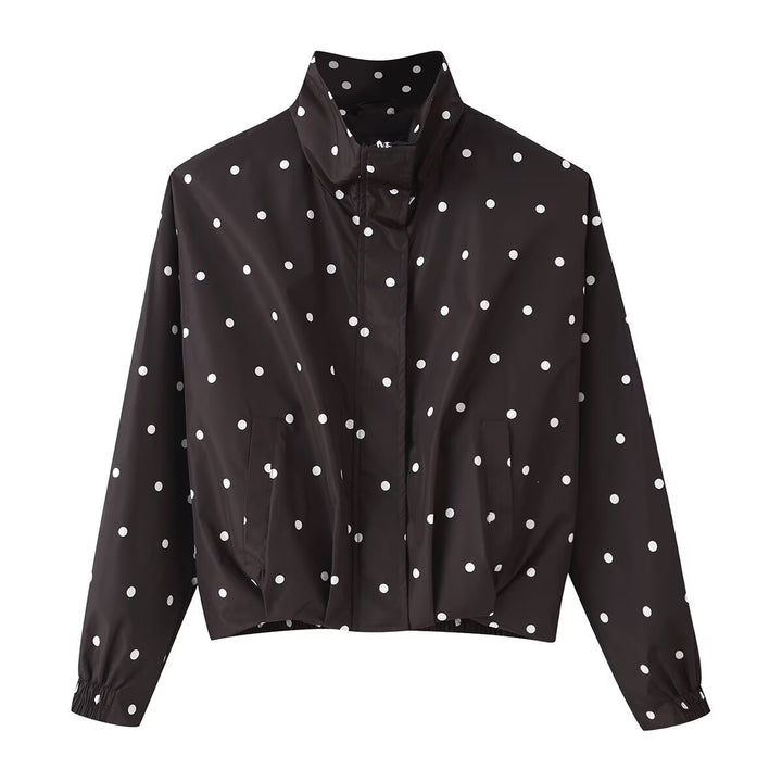 Damen Cropped-Übergangsjacke im Polka‑Dot-Design mit Stehkragen und elastischen Bündchen Drune