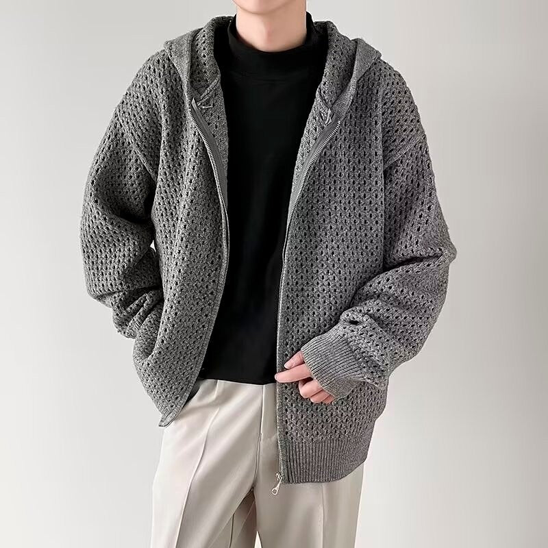Herren Modische Strickjacke mit Kapuze und luftiger Struktur Drune