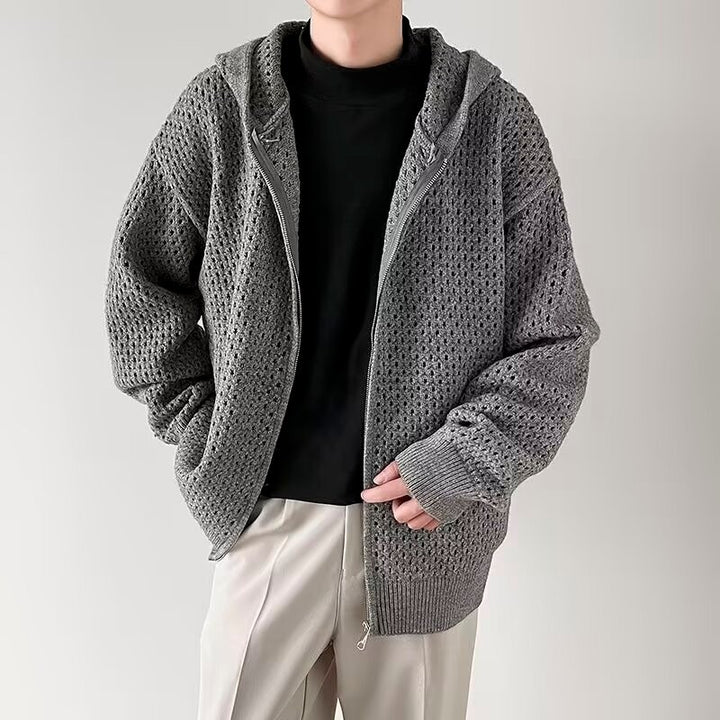 Herren Modische Strickjacke mit Kapuze und luftiger Struktur Drune