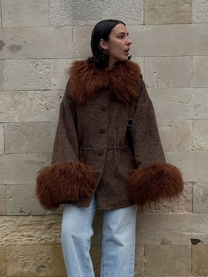 Damen Oversize Wollmix-Marka Mantel mit voluminösem Lammfellimitatkragen und extra weitem Ärmelabschluss Drune