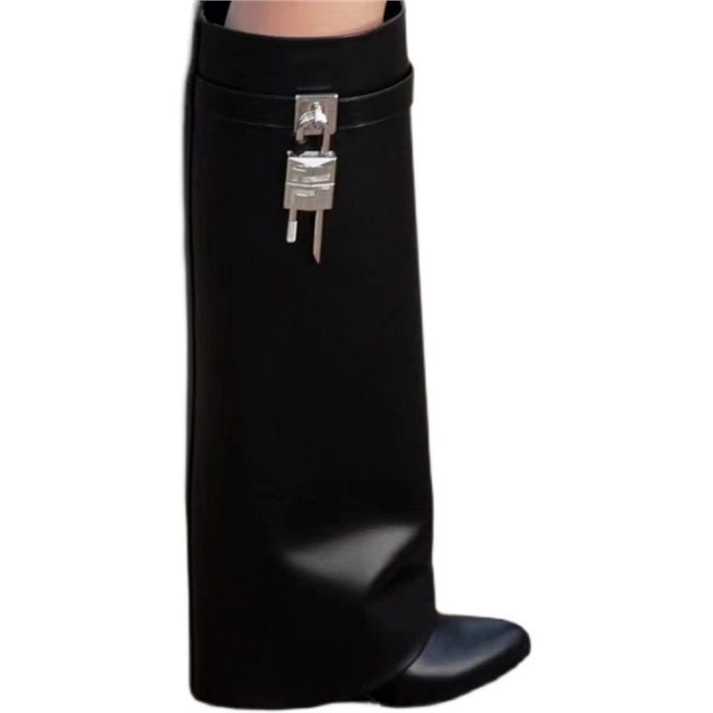 Damen kniehohe Lederstiefel mit konischem Schaft und Schloss-Applikation Drune