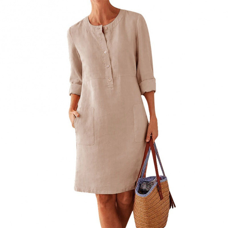 Damen Locker geschnittenes Leinenoptik-Kleid mit dreiviertel-Ärmeln, Knopfleiste und Eingrifftaschen Drune