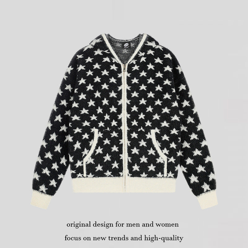 Damen Flauschige Strick-Zipjacke mit Allover-Sternmuster, Kängurutaschen und Rippbündchen Drune