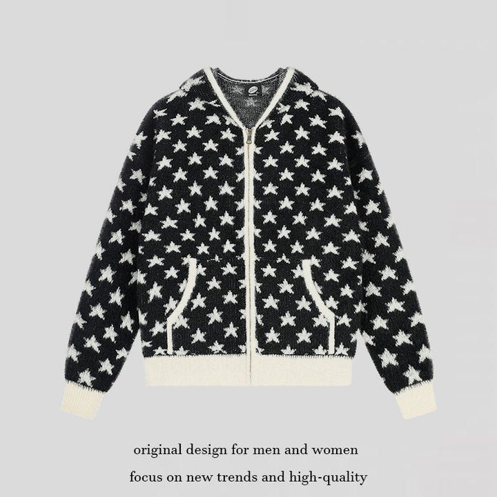 Damen Flauschige Strick-Zipjacke mit Allover-Sternmuster, Kängurutaschen und Rippbündchen Drune