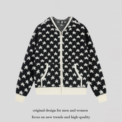Damen Flauschige Strick-Zipjacke mit Allover-Sternmuster, Kängurutaschen und Rippbündchen Drune
