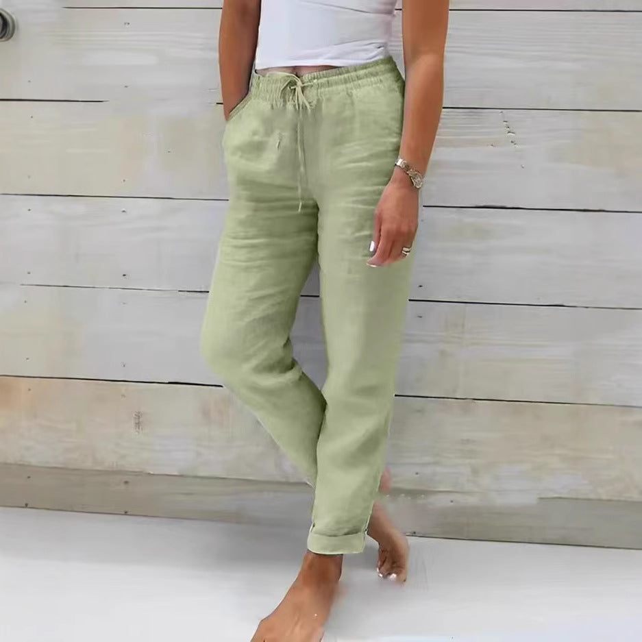 Damen nan lässige Leinenhose mit elastischem Bund Kordelzug und Seitentaschen Drune