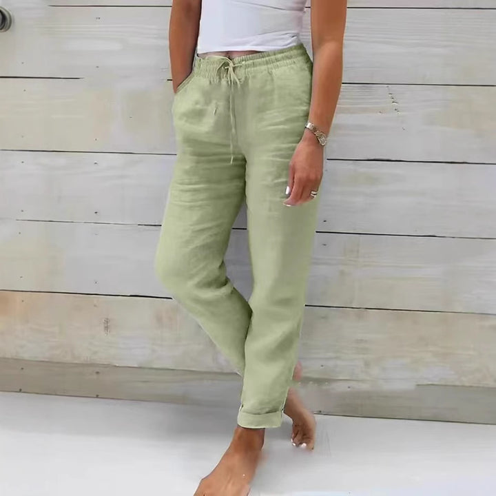 Damen nan lässige Leinenhose mit elastischem Bund Kordelzug und Seitentaschen Drune