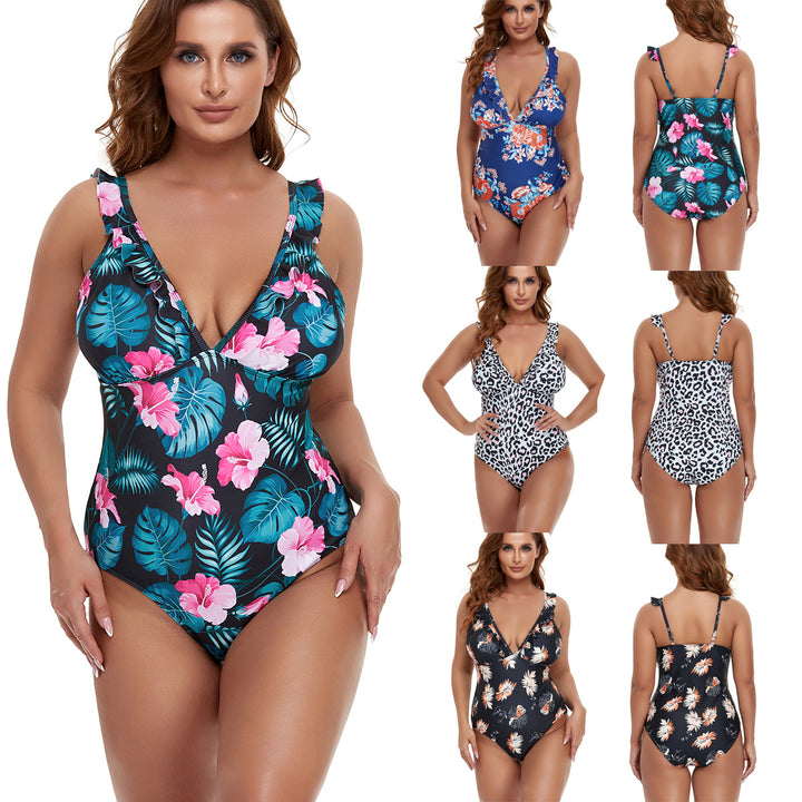 Damen Einteiler Badeanzug mit floralem Design und tiefem V-Ausschnitt Drune
