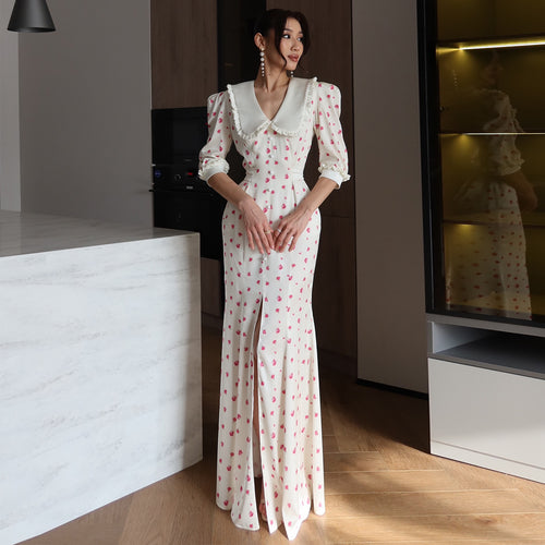 Damen Maxikleid mit eleganter Kragenkante und floralen Akzenten Drune