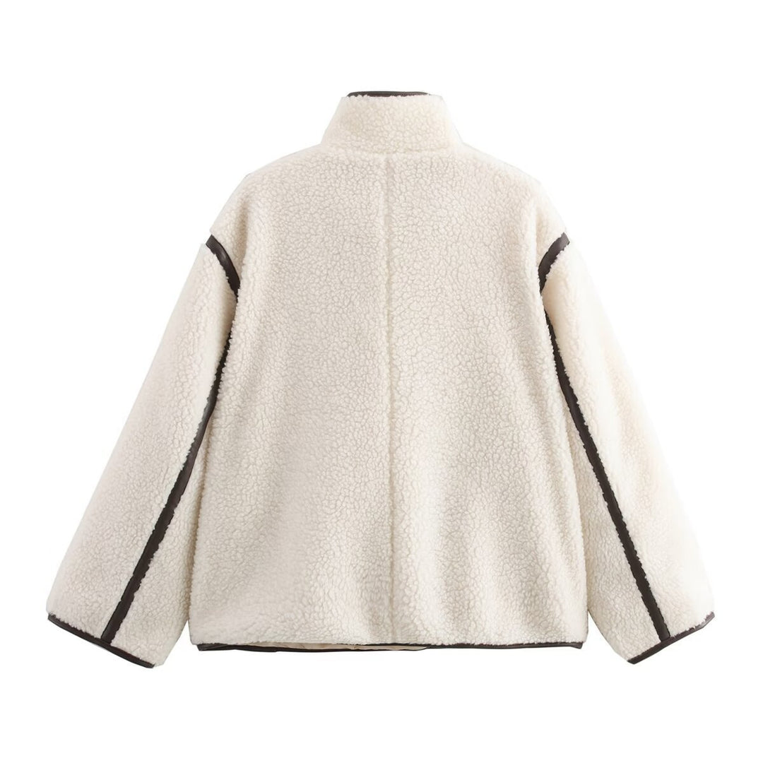 Damen 100+ Teddyjacke im Oversize‑Look mit Stehkragen und Kontrastpaspeln Drune