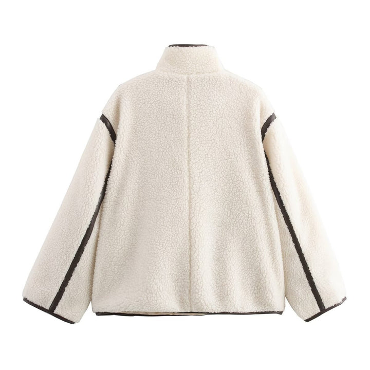 Damen 100+ Teddyjacke im Oversize‑Look mit Stehkragen und Kontrastpaspeln Drune