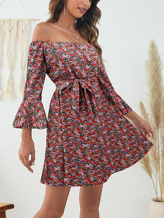 Damen Off-Shoulder Kleid mit buntem Muster Drune