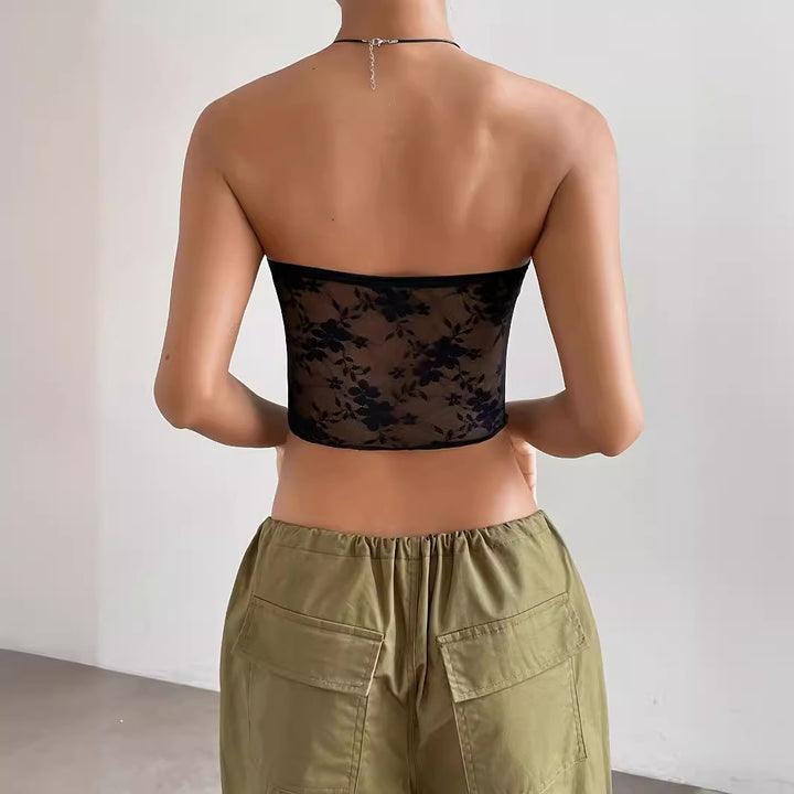 Damen transparente Crop-Top mit floralen Details Drune