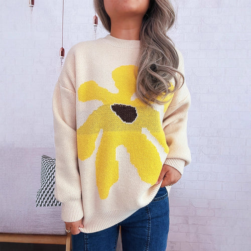 Damen verspielter Strickpullover mit floraler Applikation Drune