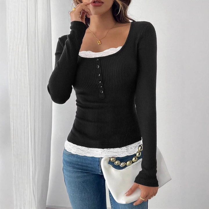 Damen Figurbetontes Rippenstrick-Top mit U‑Ausschnitt und Knopfleiste Drune