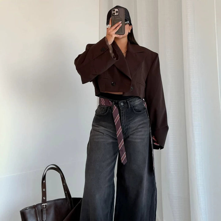 Damen Cropped-Boxy Kurzblazer mit kastiger Silhouette und überlangen Ärmeln Drune