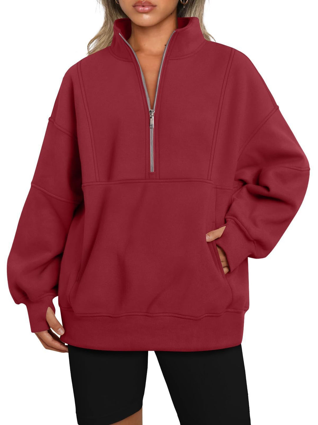 Damen Oversize-Sweatshirt mit halbem Reißverschluss, Stehkragen und Kängurutasche Drune