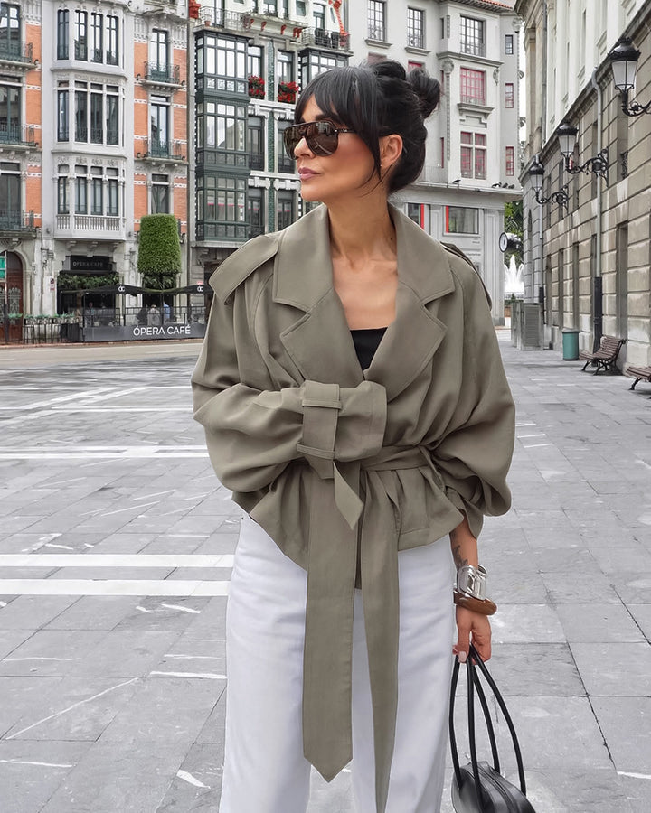 Damen Oversized Trenchcoat mit tailliertem Gürtel und voluminösen Ärmeln Drune