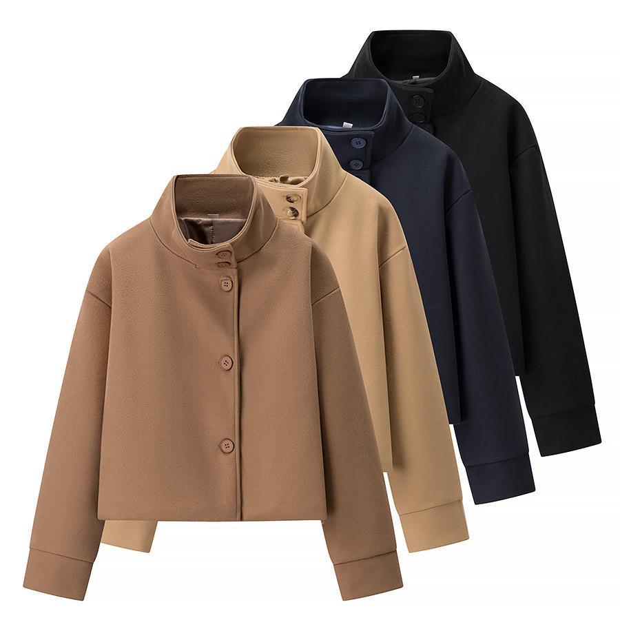 Damen elegante Kurzjacke mit Stehkragen und modischen Knopfdetails Drune