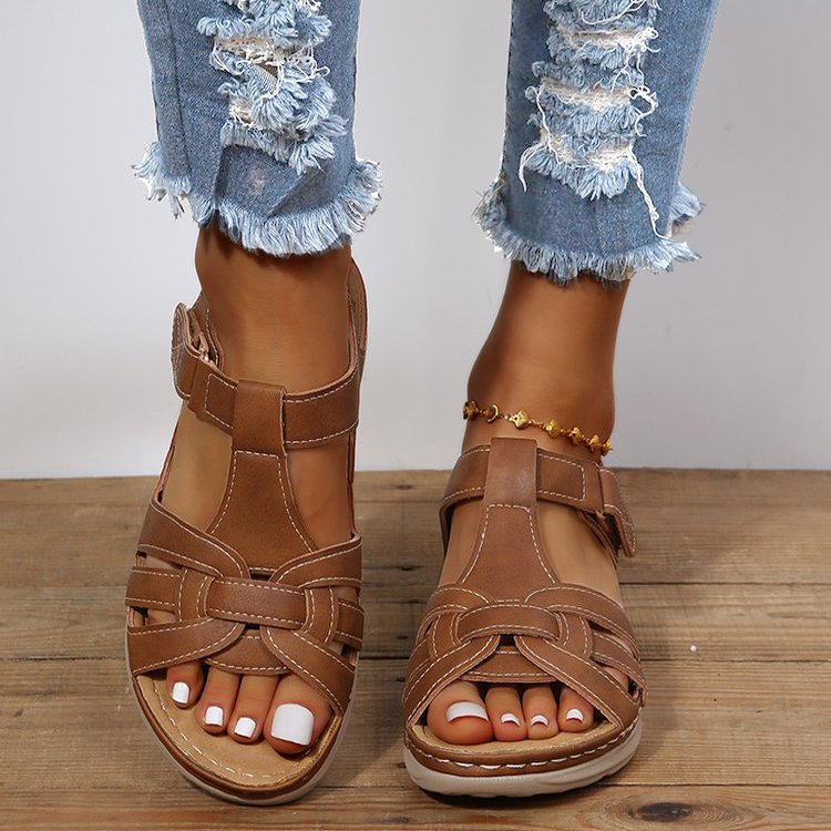 Damen Komfort-Sandalen mit Soft-Leder, geflochtenem Vorderblatt und verstellbarem Klettverschluss Drune