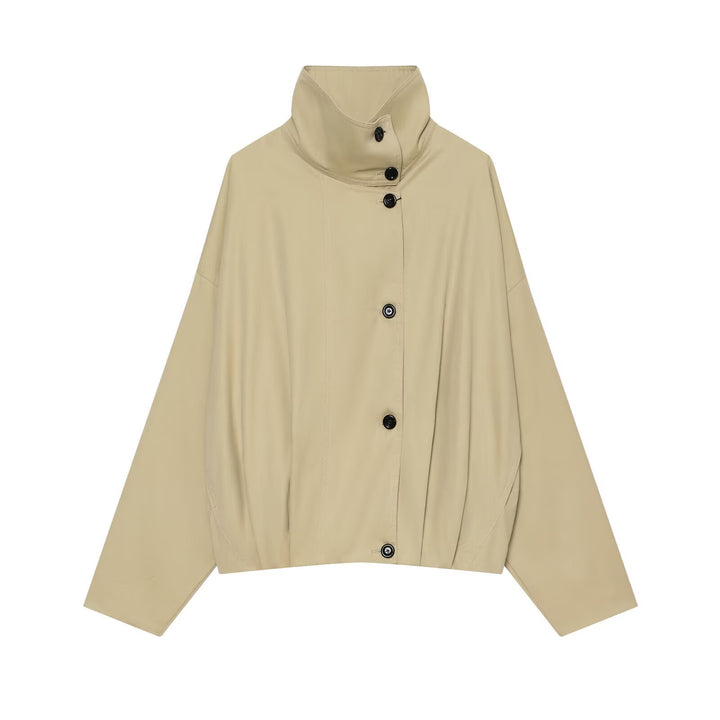 Damen Cropped Capejacke mit hohem Stehkragen, überschnittener Ärmel und Knopfleiste Drune