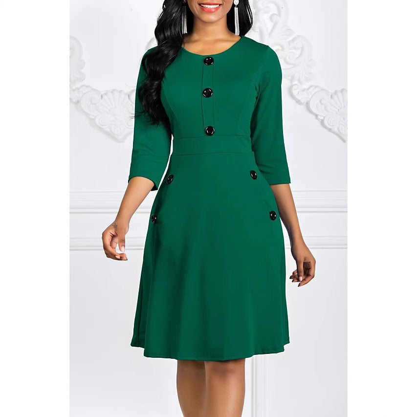 Damen Elegantes knieumspielendes Kleid mit Schmuckknöpfen und 3/4-Ärmeln Drune