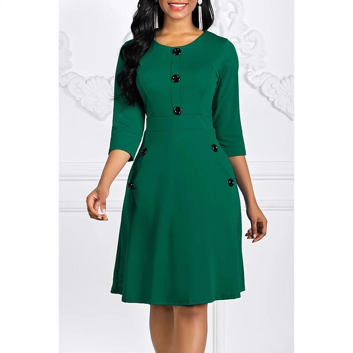 Damen Elegantes knieumspielendes Kleid mit Schmuckknöpfen und 3/4-Ärmeln Drune