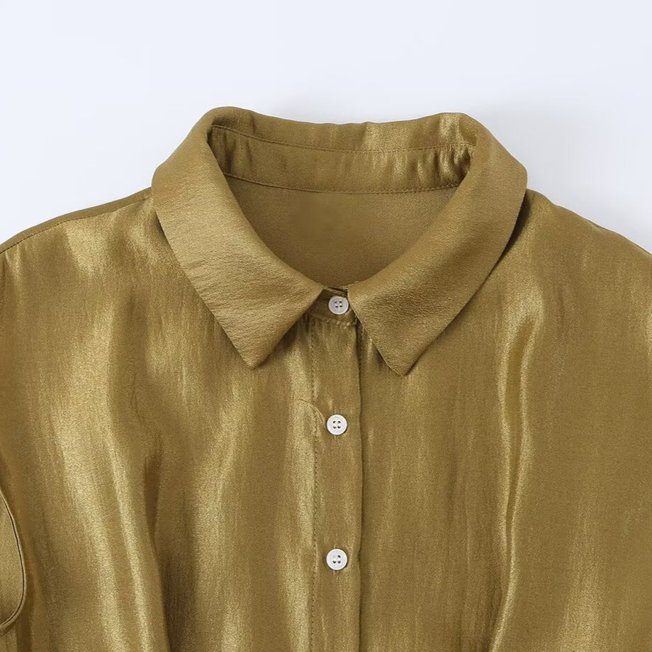 Damen Ärmelloses Hemdblusenkleid mit Taillenfalten und Gürtel Drune