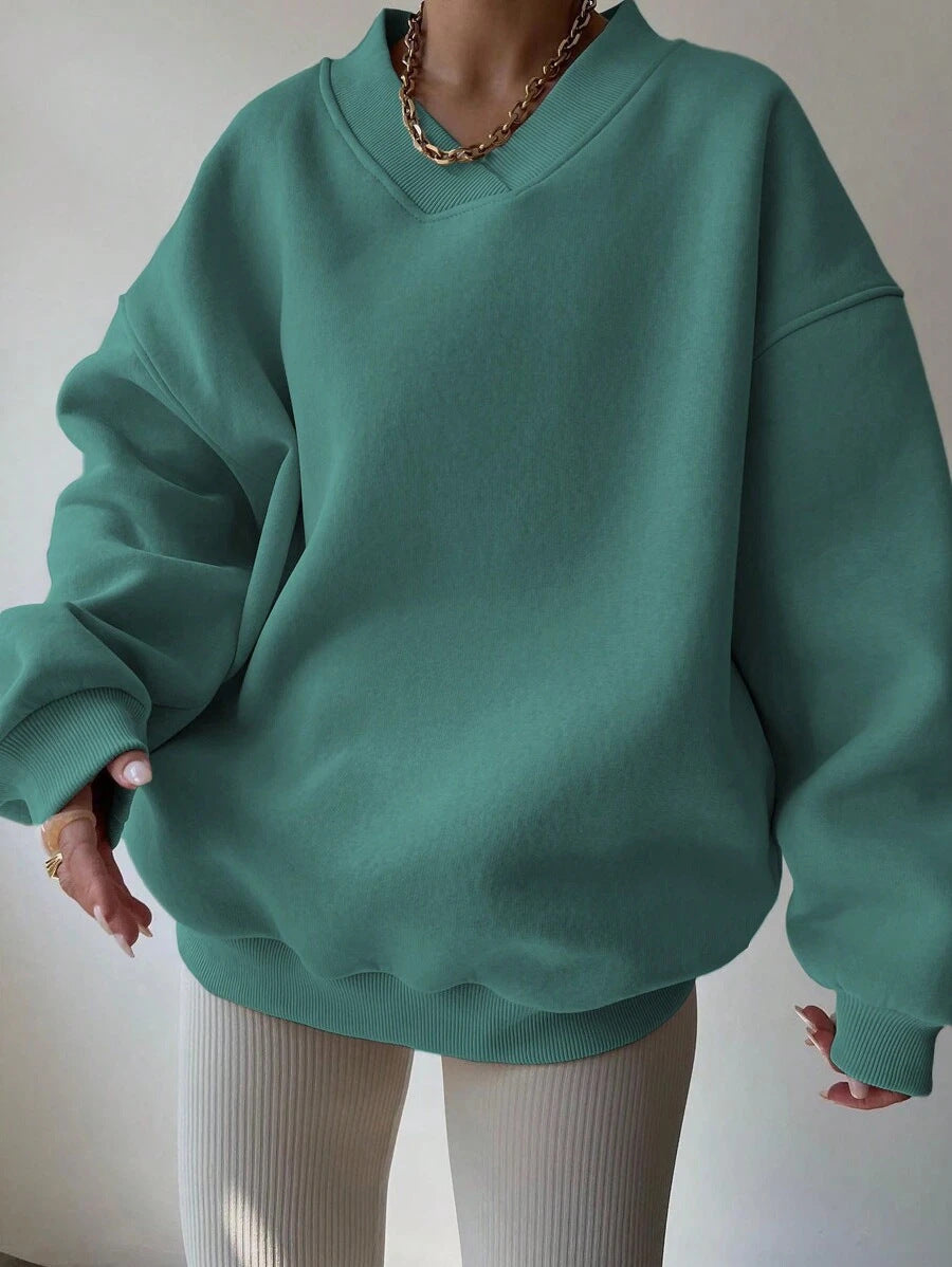 Damen Oversized V-Ausschnitt Sweatshirt mit verstärktem Rippkragen und extraweitem Cut Drune