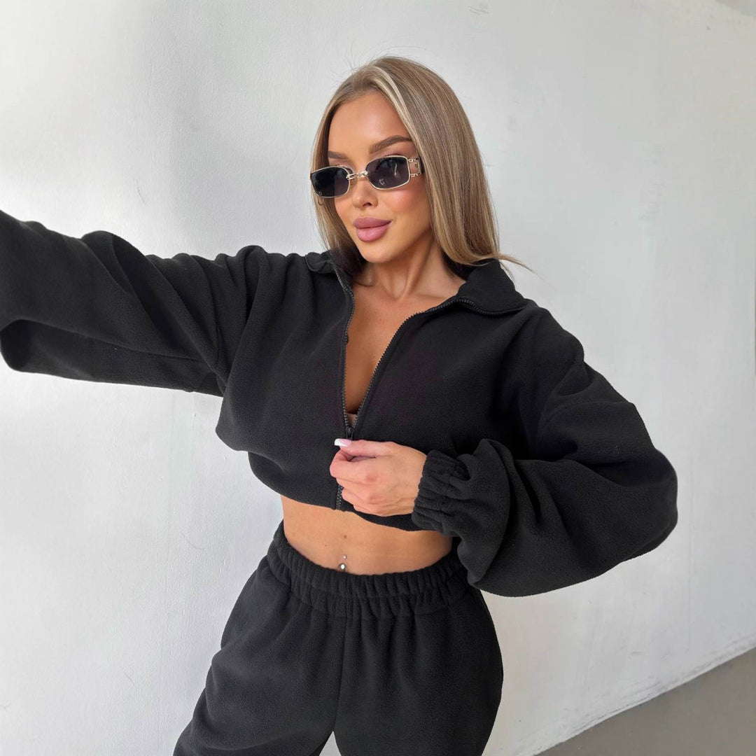 Damen cropped Fleecejacke mit Reißverschluss und lässigem Schnitt Drune