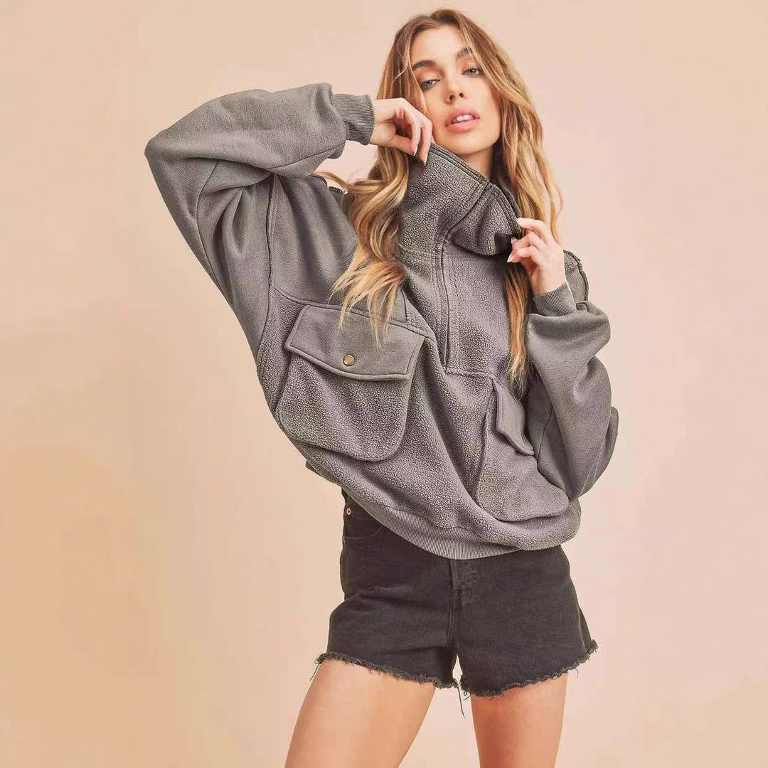 Damen lässiger Fleece-Pullover mit praktischen Tasche und hohem Kragen Drune