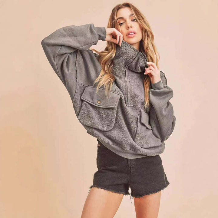 Damen lässiger Fleece-Pullover mit praktischen Tasche und hohem Kragen Drune
