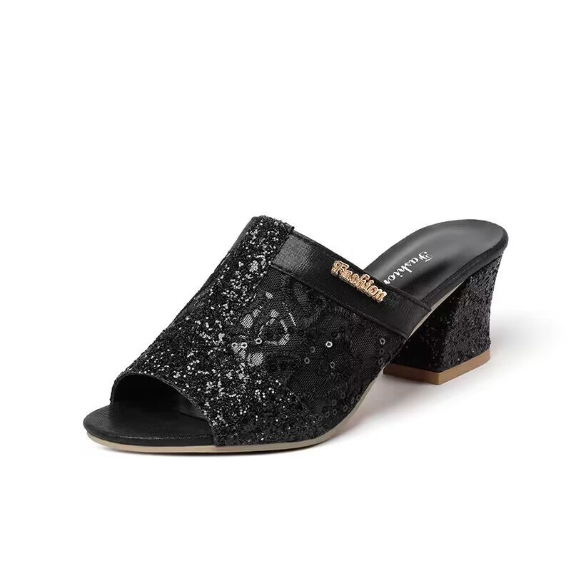 Damen nan elegante offene Pantolette mit feinem Netz, funkelnden Applikationen und mittelhohem Blockabsatz Drune