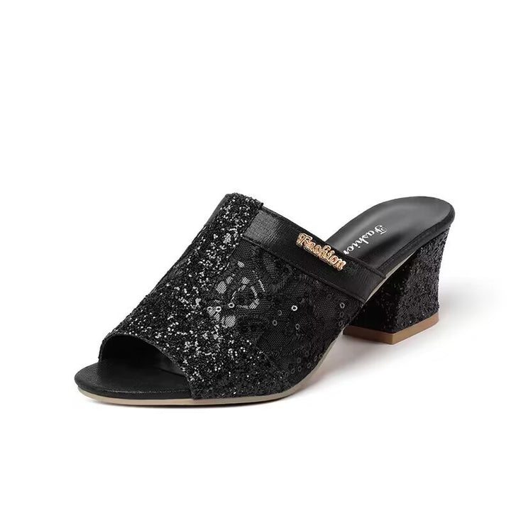 Damen nan elegante offene Pantolette mit feinem Netz, funkelnden Applikationen und mittelhohem Blockabsatz Drune