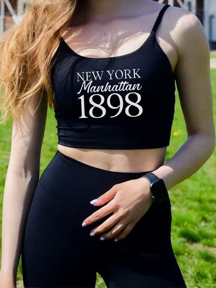 Damen Crop-Top mit kreativem Schriftzug und feinen Trägern Drune