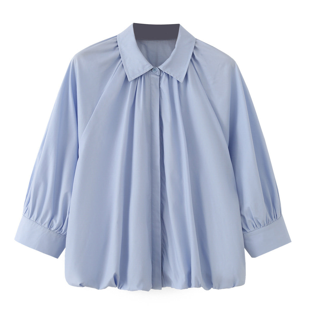 Damen Weites Blusenshirt mit Kellerfalten Ballonärmeln und Hemdkragen Drune