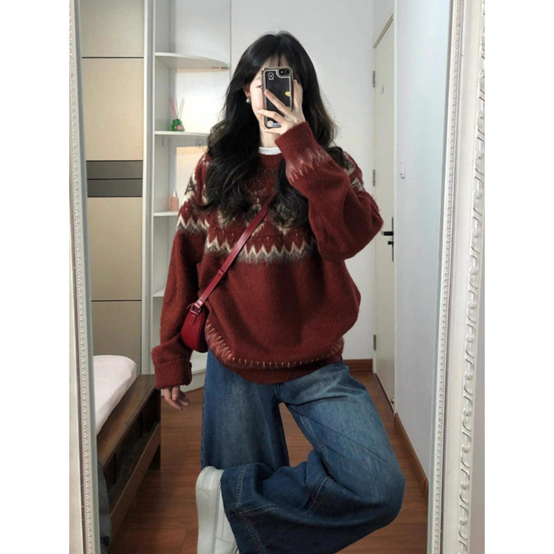 Damen Modischer Pullover mit traditionellem Muster Drune