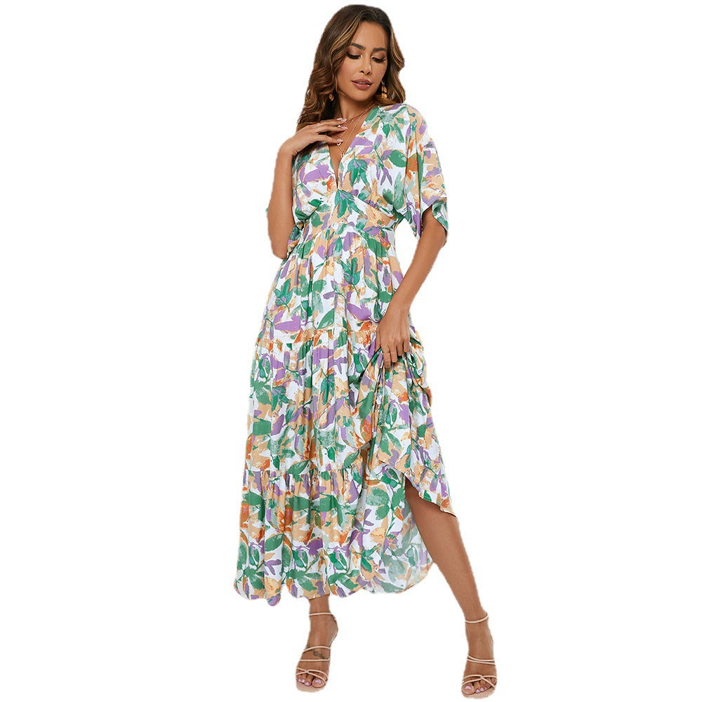 Damen Maxikleid mit detailreichem floralem Design und V-Ausschnitt Drune