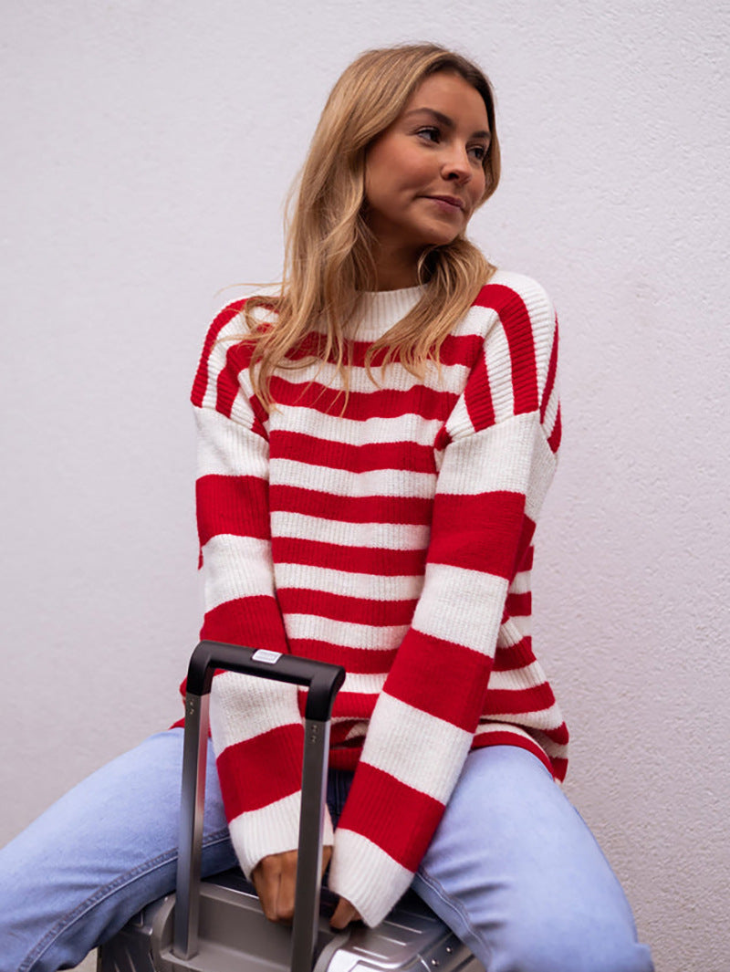 Damen lässiger Streifenpullover mit weitem Schnitt und gemütlichem Material Drune